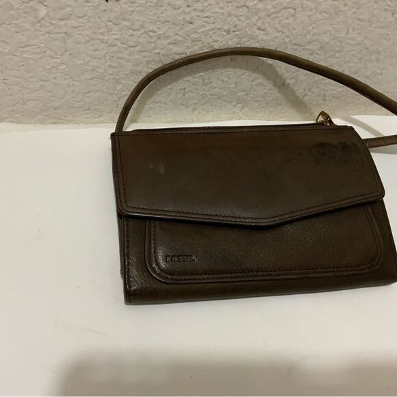 Fossil Crossbody Small Purse Bag Brown Leather Cell Phone Slip Pocket Organizer - Picture 1 of 9